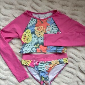 Roxy Pink Rashguard Swim Set Vibrant Tropical Design